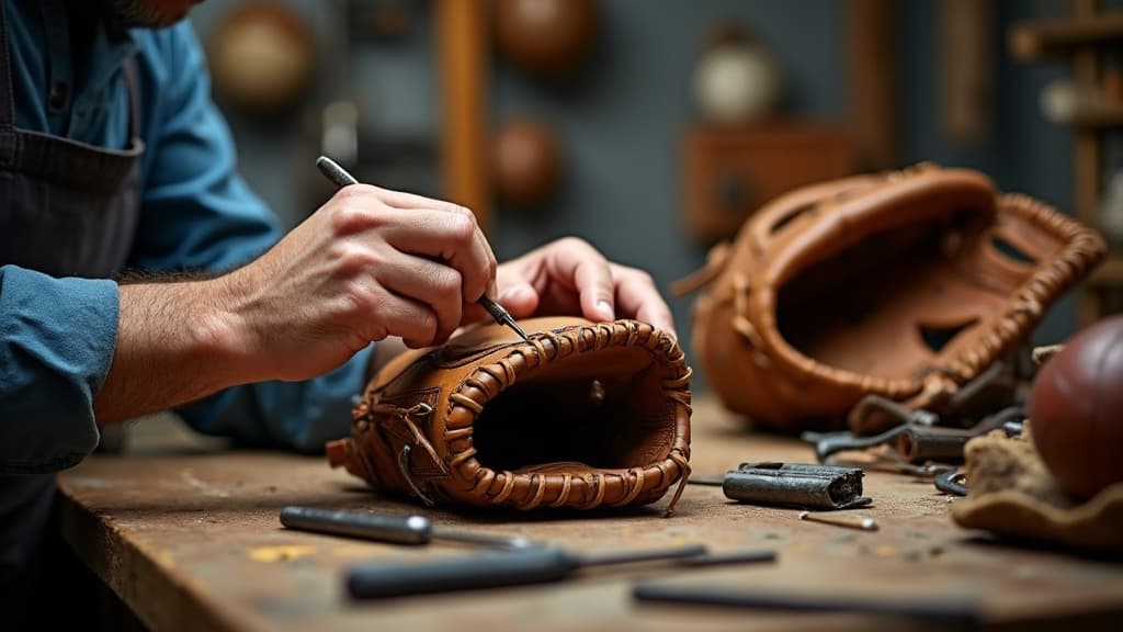 Repair technician stitching a baseball glove at the GameReady workbench