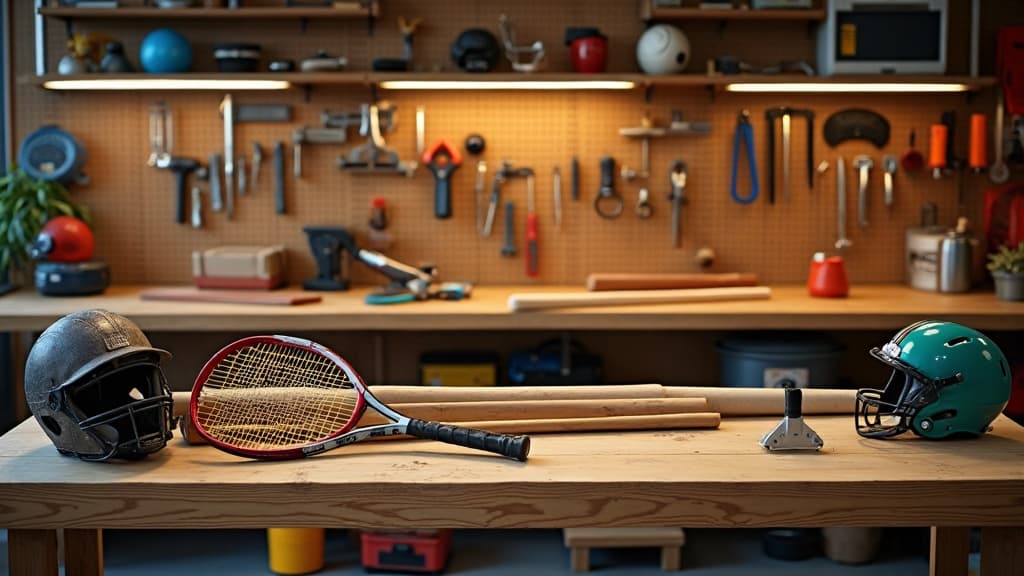 GameReady workshop workbenches with bats, gloves and rackets laid out for repair